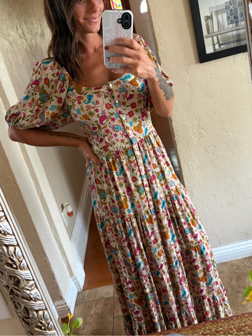 NATURAL LIFE Beige Paisley Maxi Dress with Pink and Teal Accents